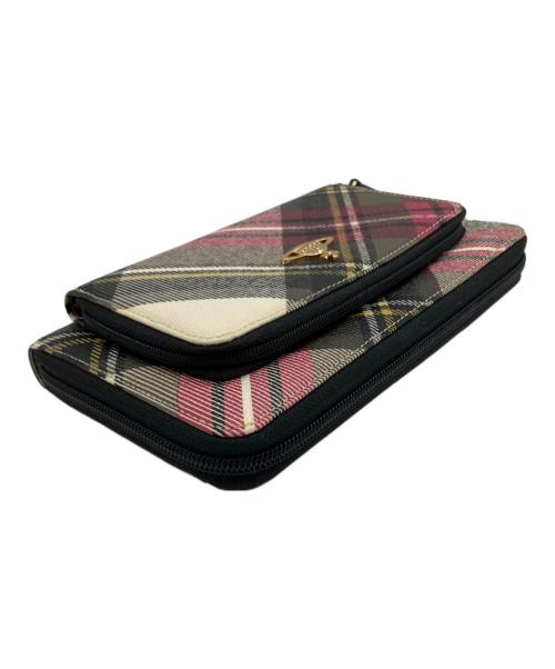 Vivienne Westwood（ヴィヴィアンウエストウッド）Vivienne Westwood (ヴィヴィアンウエストウッド) タータンチェック ラウンドファスナー 長財布 オリーブ×ピンクの古着・服飾アイテム