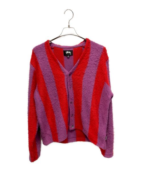stussy（ステューシー）stussy (ステューシー) STRIPE BRUSHED 厚手カーディガン パープル×レッド サイズ:Mの古着・服飾アイテム