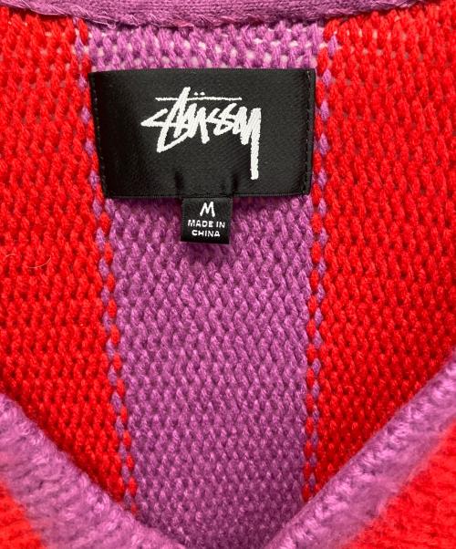 stussy（ステューシー）stussy (ステューシー) STRIPE BRUSHED 厚手カーディガン パープル×レッド サイズ:Mの古着・服飾アイテム