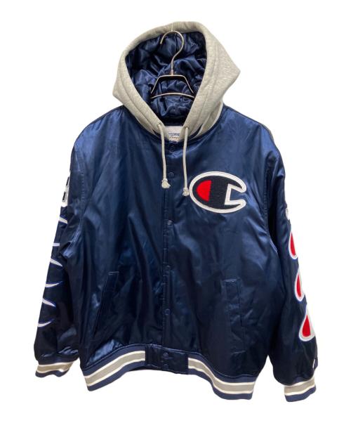 Champion（チャンピオン）Champion (チャンピオン) SUPREME (シュプリーム) CHAMPION HOODED SATIN VARSITY ブルゾン ネイビー サイズ:Mの古着・服飾アイテム