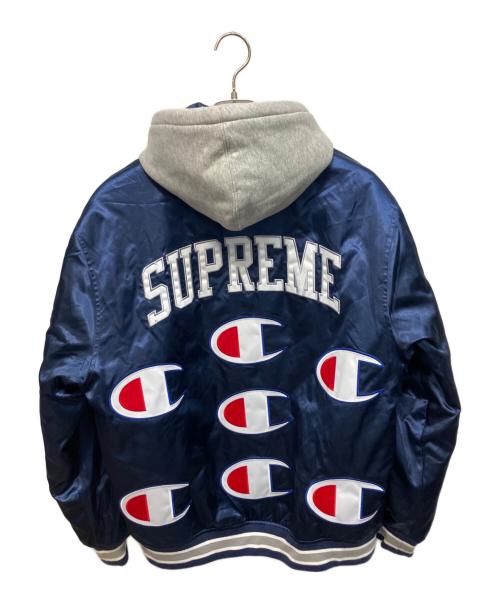 Champion（チャンピオン）Champion (チャンピオン) SUPREME (シュプリーム) CHAMPION HOODED SATIN VARSITY ブルゾン ネイビー サイズ:Mの古着・服飾アイテム