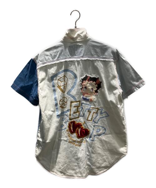 BETTY BOOP（ベティー・ブープ）BETTY BOOP (ベティー・ブープ) ジップシャツ 半袖シャツ ブルー×ホワイト サイズ:Mの古着・服飾アイテム