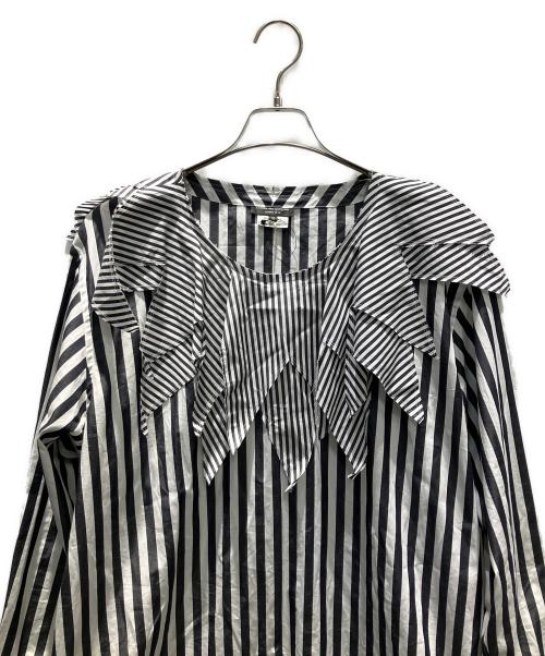 COMME des GARCONS HOMME PLUS（コムデギャルソンオムプリュス）COMME des GARCONS HOMME PLUS (コムデギャルソンオムプリュス) ギザギザピエロカラーストライプシャツ 23SS AD2022 長袖シャツ ブラック×ホワイト サイズ:Mの古着・服飾アイテム