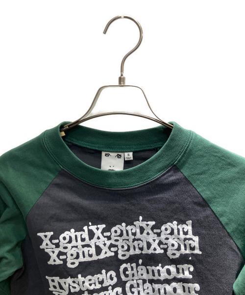 X-GIRL（エックスガール）X-GIRL (エックスガール) Hysteric Glamour (ヒステリックグラマー) 長袖カットソー グリーン×グレー サイズ:Sの古着・服飾アイテム