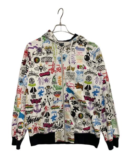 stussy（ステューシー）stussy (ステューシー) 歴代ロゴ総柄ジップパーカー ホワイト サイズ:Mの古着・服飾アイテム