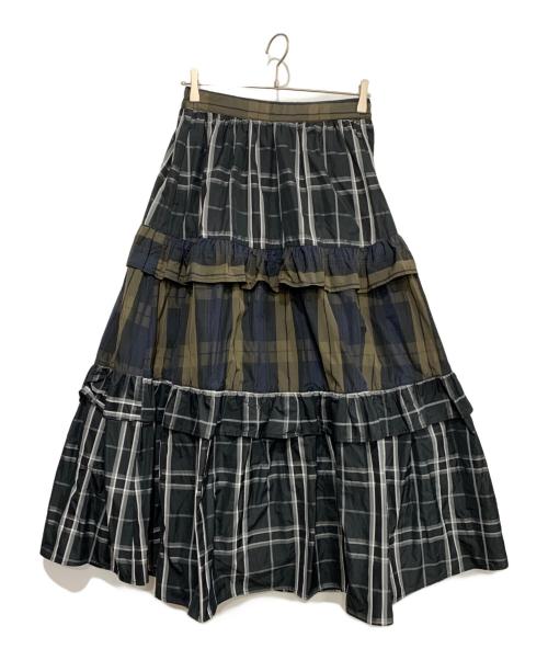 freada（フリーダ）Freada (フリーダ) チェック フリル フレア ティアードスカート ブラック×ネイビー サイズ:FREEの古着・服飾アイテム