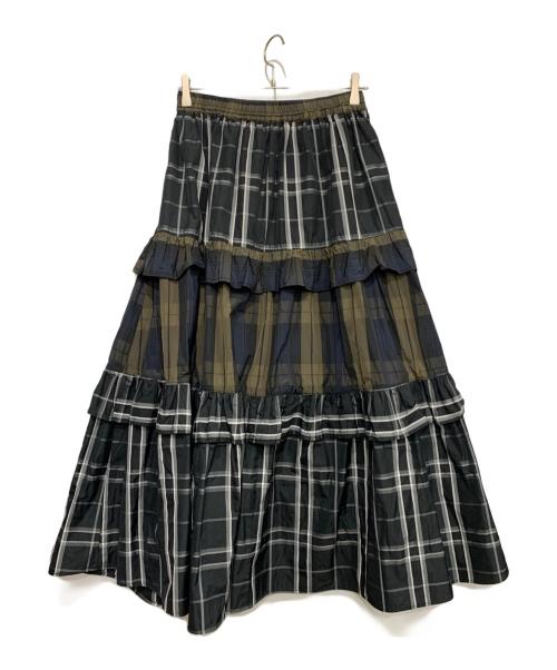 freada（フリーダ）Freada (フリーダ) チェック フリル フレア ティアードスカート ブラック×ネイビー サイズ:FREEの古着・服飾アイテム