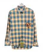 GUCCIグッチ）の古着「Freyja Hartas Animal Embroidery Check Shirt シャツ ブルー×オレンジ SIZE 50」｜ブルー×オレンジ