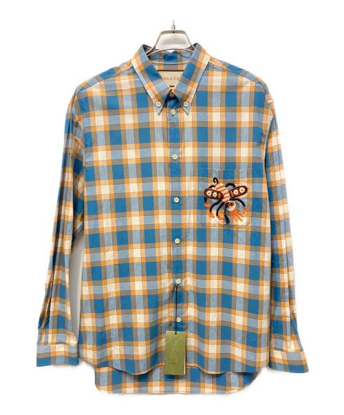 GUCCI（グッチ）GUCCI (グッチ) Freyja Hartas Animal Embroidery Check Shirt シャツ ブルー×オレンジ SIZE 50 ブルー×オレンジ サイズ:50 未使用品の古着・服飾アイテム