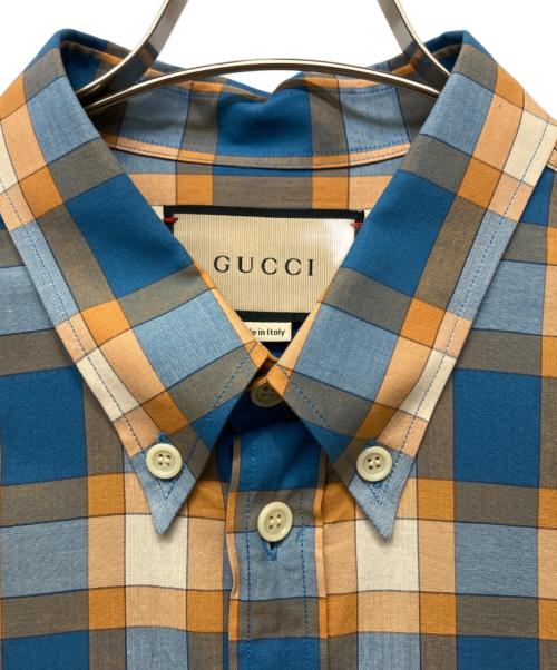 GUCCI（グッチ）GUCCI (グッチ) Freyja Hartas Animal Embroidery Check Shirt シャツ ブルー×オレンジ SIZE 50 ブルー×オレンジ サイズ:50 未使用品の古着・服飾アイテム