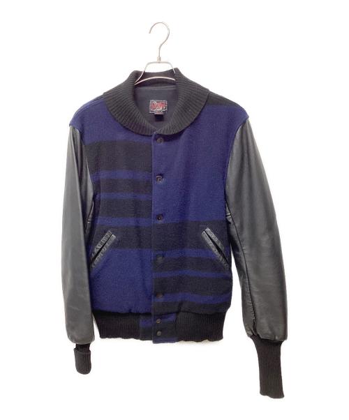 WOOLRICH（ウールリッチ）WOOLRICH (ウールリッチ) NEPENTHES (ネペンテス) レザーパッチ ウール アップランドジャケット ネイビー×ブラック サイズ:Lの古着・服飾アイテム