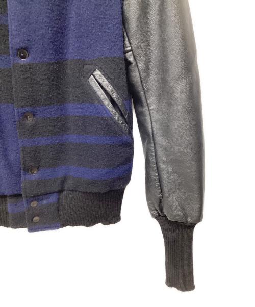 WOOLRICH（ウールリッチ）WOOLRICH (ウールリッチ) NEPENTHES (ネペンテス) レザーパッチ ウール アップランドジャケット ネイビー×ブラック サイズ:Lの古着・服飾アイテム