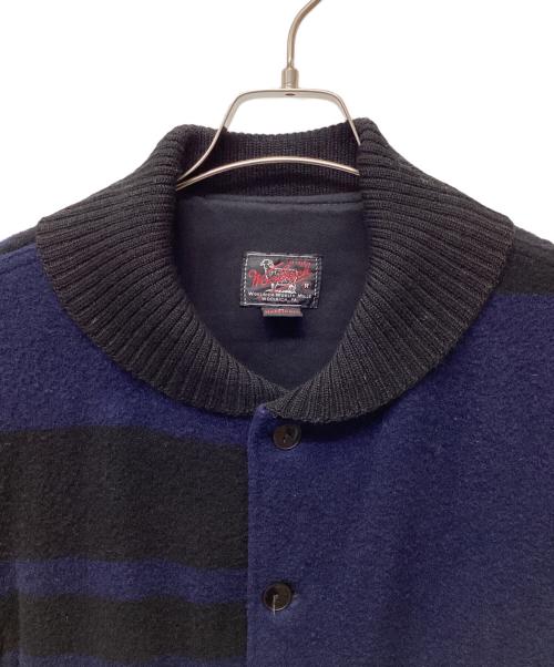 WOOLRICH（ウールリッチ）WOOLRICH (ウールリッチ) NEPENTHES (ネペンテス) レザーパッチ ウール アップランドジャケット ネイビー×ブラック サイズ:Lの古着・服飾アイテム