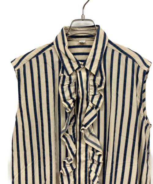 45R（フォーティファイブ・アール）45R (フォーティファイブ・アール) コットンキュプラノースリーブブラウス ベージュ×ブルー サイズ:Mの古着・服飾アイテム