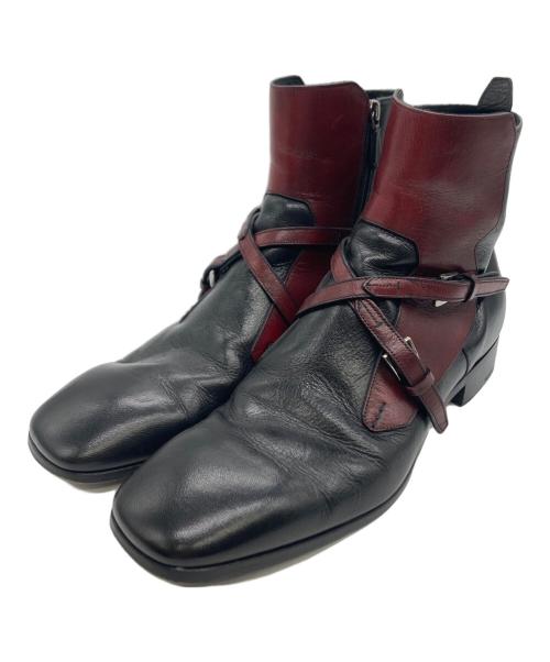 PRADA（プラダ）PRADA (プラダ) クロスベルトショートブーツ7 ブラック×レッド サイズ:27cmの古着・服飾アイテム