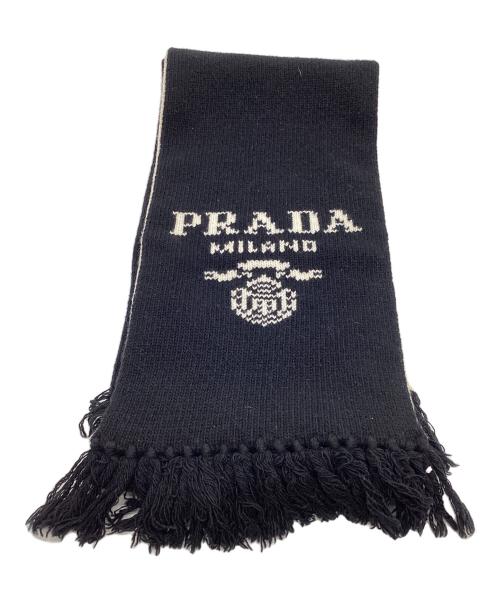 PRADA（プラダ）PRADA (プラダ) ロゴマフラー ブラック×ホワイトの古着・服飾アイテム