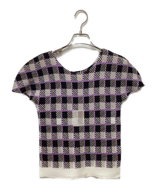 ISSEY MIYAKE me（イッセイ ミヤケ ミー）ISSEY MIYAKE me (イッセイ ミヤケ ミー) 半袖カットソー ホワイト×ブラック×パープル サイズ:FREEの古着・服飾アイテム