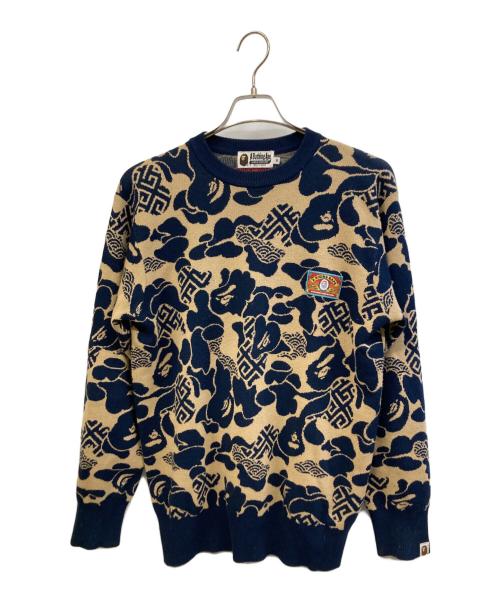 A BATHING APE（アベイシングエイプ）A BATHING APE (アベイシングエイプ) ASIA CAMO KNIT SWEATER ネイビー×ブラウン サイズ:Mの古着・服飾アイテム