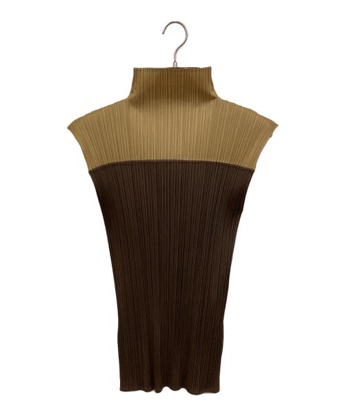 PLEATS PLEASE（プリーツプリーズ）PLEATS PLEASE (プリーツプリーズ) ノースリーブワンピース ブラウン×ベージュ サイズ:3の古着・服飾アイテム