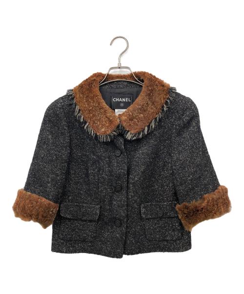 CHANEL（シャネル）CHANEL (シャネル) ラパンファーウールツイードジャケット ダークグレー×ブラウン サイズ:38の古着・服飾アイテム
