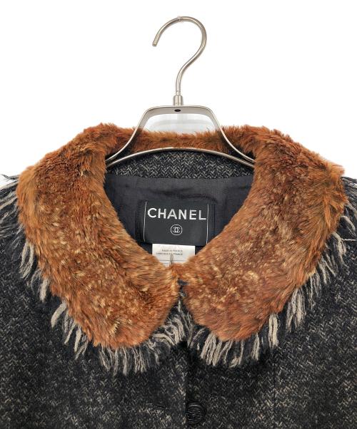 CHANEL（シャネル）CHANEL (シャネル) ラパンファーウールツイードジャケット ダークグレー×ブラウン サイズ:38の古着・服飾アイテム