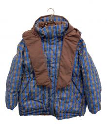 MAISON SPECIAL（メゾンスペシャル）の古着「Plaid Hoodie Scarf Middle Down Coat」｜ブラウン×ブルー