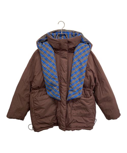 MAISON SPECIAL（メゾンスペシャル）MAISON SPECIAL (メゾンスペシャル) Plaid Hoodie Scarf Middle Down Coat ブラウン×ブルー サイズ:Mの古着・服飾アイテム