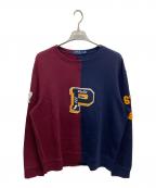POLO RALPH LAURENポロ・ラルフローレン）の古着「パイルロゴ ワッペン ドッキング クルーネック スウェット」｜レッド×ネイビー
