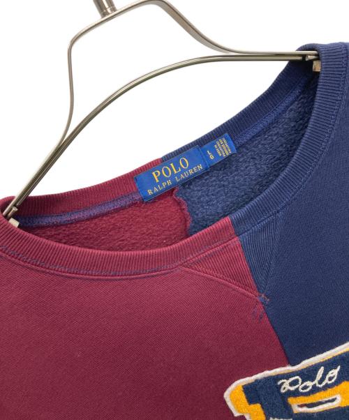 POLO RALPH LAUREN（ポロ・ラルフローレン）POLO RALPH LAUREN (ポロ・ラルフローレン) パイルロゴ ワッペン ドッキング クルーネック スウェット レッド×ネイビー サイズ:Lの古着・服飾アイテム