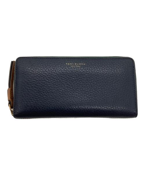 TORY BURCH（トリーバーチ）TORY BURCH (トリーバーチ) ラウンドファスナー長財布 ネイビー×ベージュ×グリーンの古着・服飾アイテム