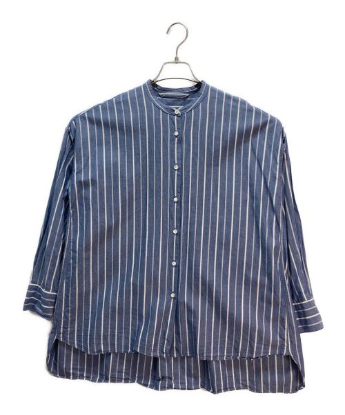 MEDIUM（ミディアム）MEDIUM (ミディアム) バンドカラー ストライプシャツ ネイビー サイズ:Mの古着・服飾アイテム