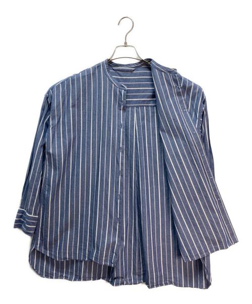 MEDIUM（ミディアム）MEDIUM (ミディアム) バンドカラー ストライプシャツ ネイビー サイズ:Mの古着・服飾アイテム