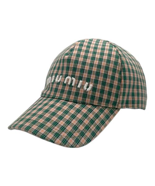 MIU MIU（ミュウミュウ）MIU MIU (ミュウミュウ) MIUMIU ベースボールキャップ グリーン×オレンジ サイズ:Mの古着・服飾アイテム