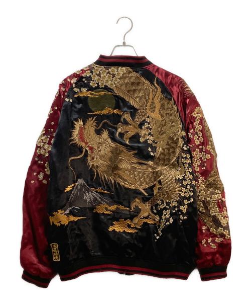 絡繰魂（カラクリタマシイ）絡繰魂 (カラクリダマシイ) 和柄 総刺繍 スカジャン ブラック×レッド サイズ:XXLの古着・服飾アイテム