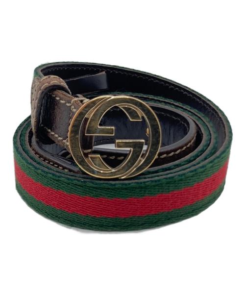 GUCCI（グッチ）GUCCI (グッチ) GUCCI インターロッキングG レザーベルト ブラウン×グリーン×レッドの古着・服飾アイテム