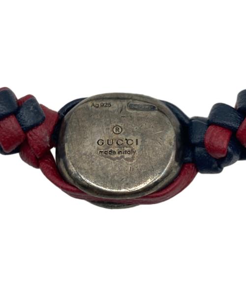 GUCCI（グッチ）GUCCI (グッチ) GUCCI クレスト 編み込みレザーブレスレット ネイビー×レッドの古着・服飾アイテム