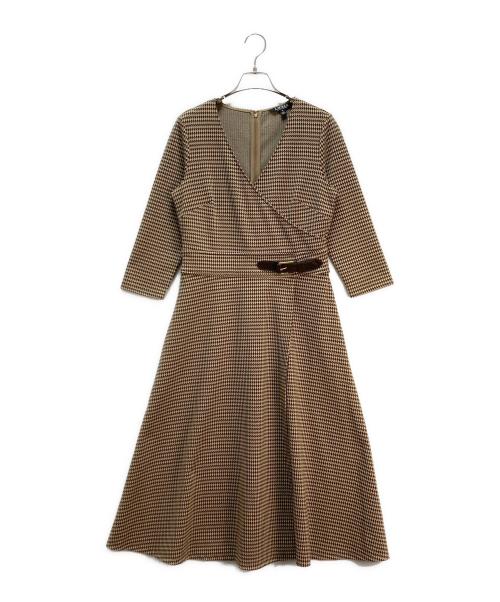 LAUREN RALPH LAUREN（ローレン ラルフ ローレン）LAUREN RALPH LAUREN (ローレン ラルフ ローレン) 千鳥格子柄 カシュクールワンピース カーキ×ブラウン サイズ:Mの古着・服飾アイテム