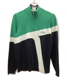 HUGO BOSS（ヒューゴ ボス）の古着「ロゴ＆カラーブロックロゴ ジップネック ニット」｜グリーン×ブラック