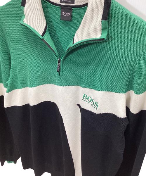HUGO BOSS（ヒューゴ ボス）HUGO BOSS (ヒューゴ ボス) ロゴ＆カラーブロックロゴ ジップネック ニット グリーン×ブラック サイズ:Mの古着・服飾アイテム