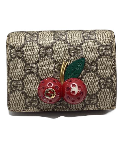GUCCI（グッチ）GUCCI (グッチ) GGスプリーム チェリー コンパクトウォレット グレー×レッドの古着・服飾アイテム