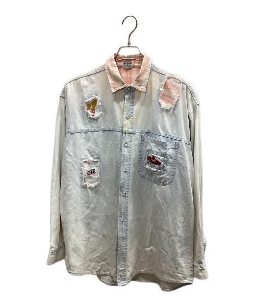 GET NAME USED CLASSIC JEANS（ゲット ネーム ユーズド クラシック ジーンズ）GET NAME USED CLASSIC JEANS (ゲット ネーム ユーズド クラシック ジーンズ) デニムシャツ ブルー×ピンク サイズ:不明の古着・服飾アイテム