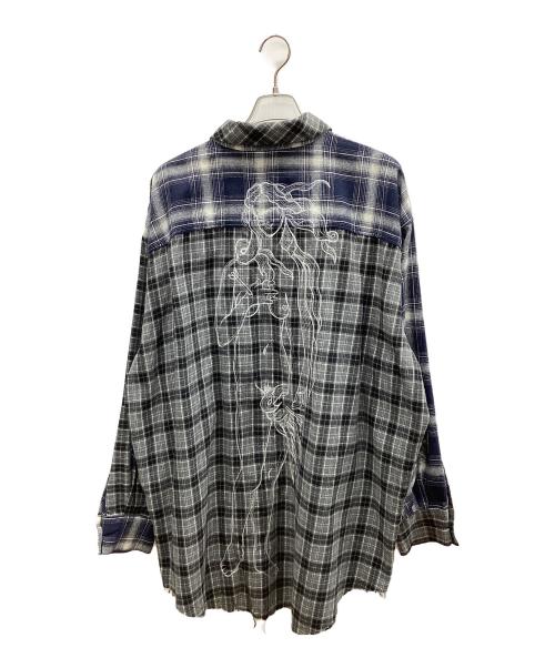 Denham（デンハム）Denham (デンハム) ヴィーナスバック 刺繍 フランネルシャツ ブルー×グレー サイズ:Lの古着・服飾アイテム