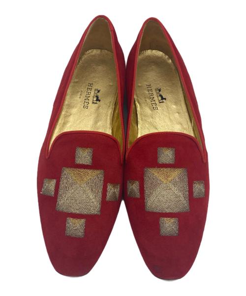 HERMES（エルメス）HERMES (エルメス) エンブロイダリースウェードローファー レッド サイズ:SIZE 23.5cmの古着・服飾アイテム