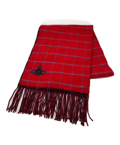 Vivienne Westwood（ヴィヴィアンウエストウッド）Vivienne Westwood (ヴィヴィアンウエストウッド) カシミヤマフラー ネイビー×レッドの古着・服飾アイテム