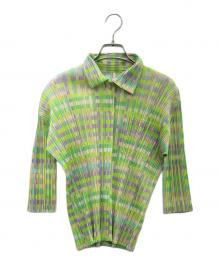 PLEATS PLEASE（プリーツプリーズ）の古着「薄手カーディガン」｜ライトグリーン×バイオレット