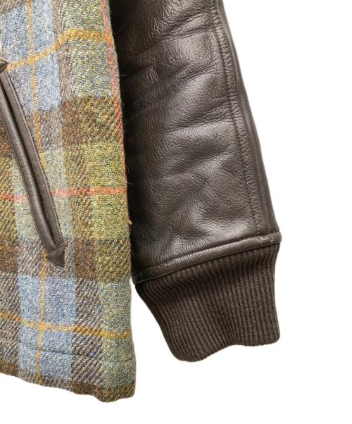 Paul Smith JEANS（ポールスミス ジーンズ）Paul Smith JEANS (ポールスミス ジーンズ) Harris Tweed (ハリスツイード) 袖レザー切替スタジャン グリーン×ブラウン サイズ:Mの古着・服飾アイテム