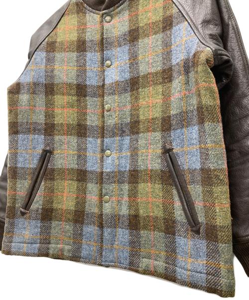 Paul Smith JEANS（ポールスミス ジーンズ）Paul Smith JEANS (ポールスミス ジーンズ) Harris Tweed (ハリスツイード) 袖レザー切替スタジャン グリーン×ブラウン サイズ:Mの古着・服飾アイテム