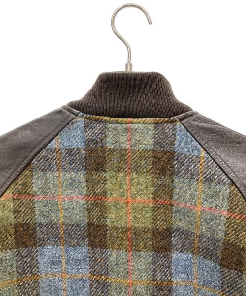 Paul Smith JEANS（ポールスミス ジーンズ）Paul Smith JEANS (ポールスミス ジーンズ) Harris Tweed (ハリスツイード) 袖レザー切替スタジャン グリーン×ブラウン サイズ:Mの古着・服飾アイテム