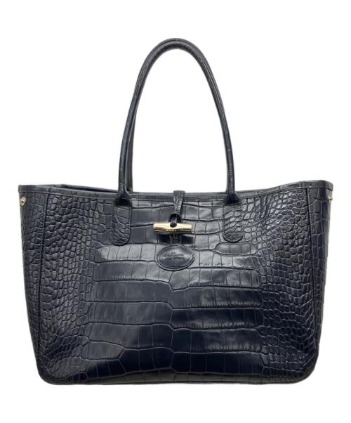 LONGCHAMP（ロンシャン）LONGCHAMP (ロンシャン) クロコ 型押し トートバッグ ブラックの古着・服飾アイテム