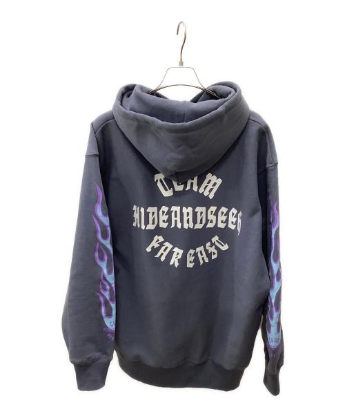 HIDE AND SEEK（ハイドアンドシーク）HIDE AND SEEK (ハイドアンドシーク) FLAME HOODED SWEAT SHIRT (D-BLUE) グレー サイズ:XLの古着・服飾アイテム